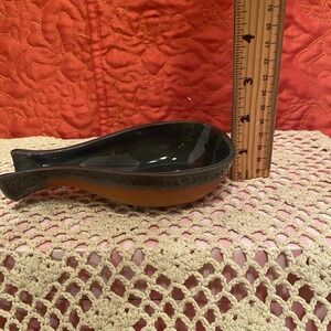 Vintage terra-cotta and dark green glazed handle dish Jersey Pottery 4 Available